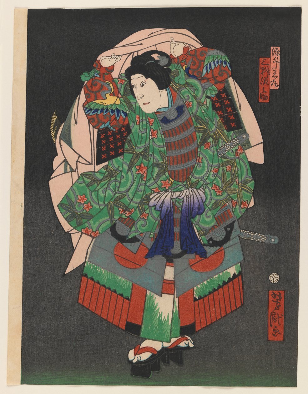 Osaka Kabuki-skuespilleren Gennosuke III, ca. 1860 (treblokkfargetrykk med sølv og messing) av Utagawa Yoshitaki