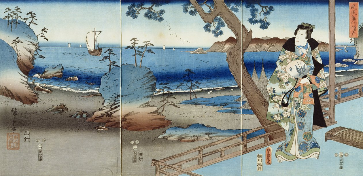 Prins Genji ser på Suma-stranden (triptyk) av Utagawa  Hiroshige and Kunisada