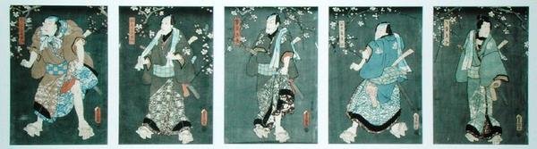 Fem karakterer fra et skuespill av Toyokuni (Pentatych) (se også av Utagawa Kunisada