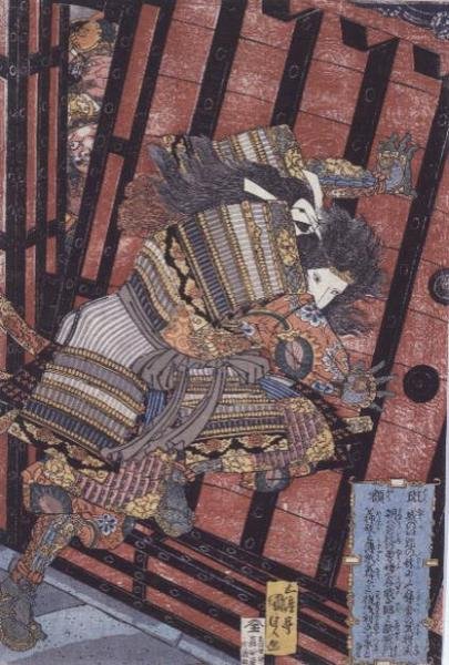 Hangaku forsvarer porten, ca. 1830 av Utagawa Kunisada