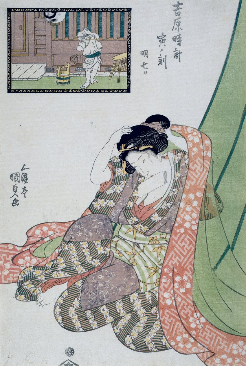 Hour of Dragon, Fifth to Seventh hour of morning, Ca 1818, Ukiyo-e kunsttrykk av Utagawa Kunisada (1786-1865) fra The twelve hours in Yoshiwara, Oban-tate-e tresnitt, 37x24,9 cm av Utagawa Kunisada