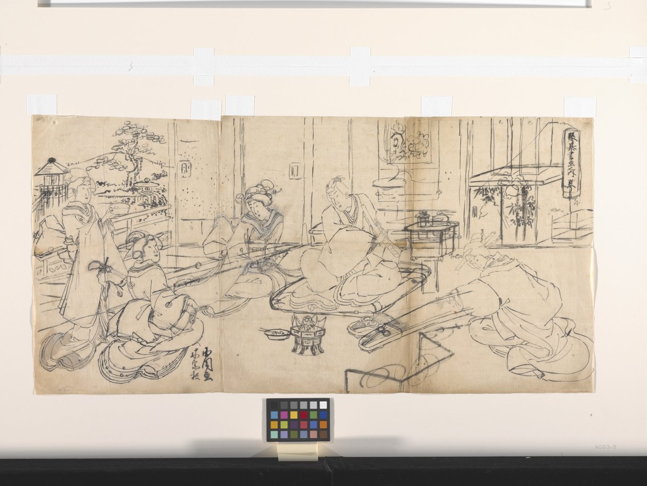 De fire prestasjonene (Musikk, Go, Kalligrafi, Maleri): Musikk (Koto) (blekk på papir) av Utagawa (1786 1865) Kunisada