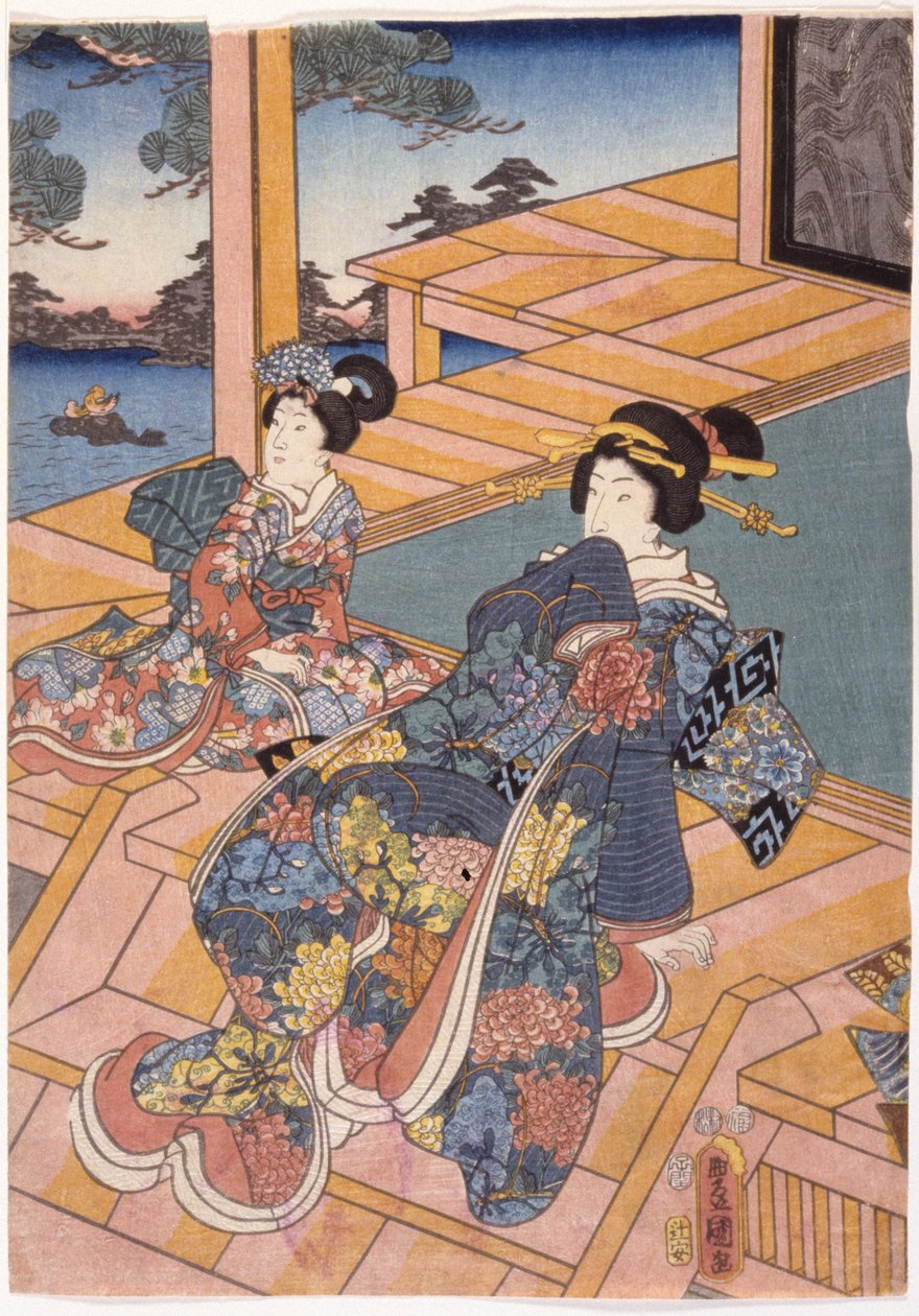 To damer på terrassen (farget treblokktrykk) av Utagawa (1786 1865) Kunisada