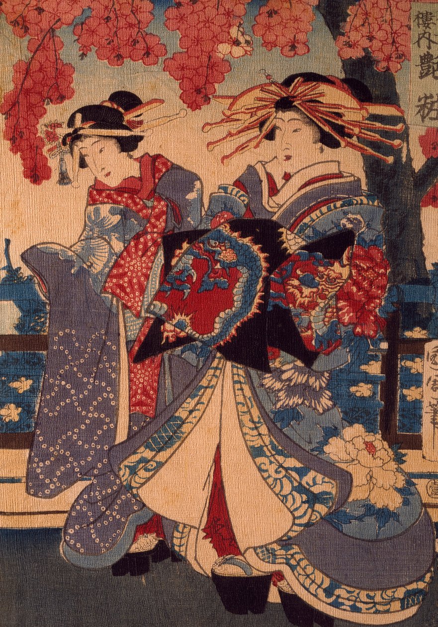 To kvinner i en blomsterhage, av Utagawa Kunisada, tresnitt, crepon-teknikk av Utagawa Kunisada
