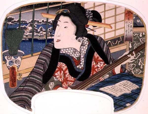 Vinter, Shinobazu-dammen; En geisha som øver på en ballade, design for en fan fra et sett på fire som illustrerer årstidene av Utagawa Kunisada
