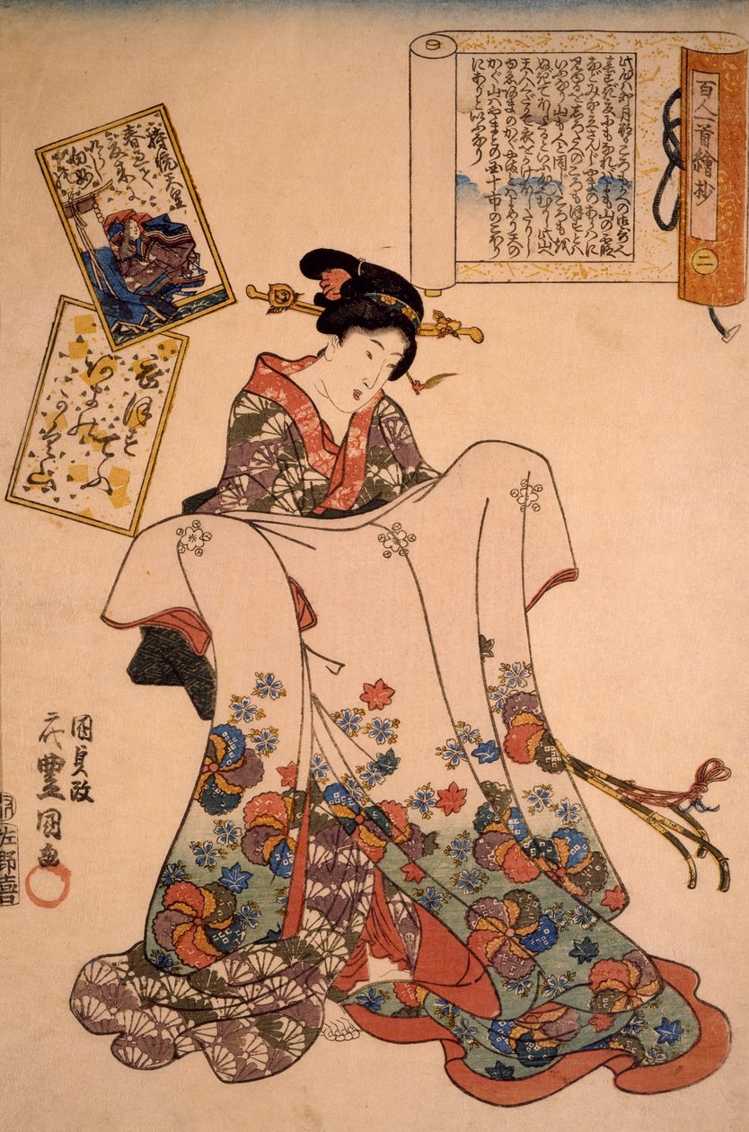 Kvinne med overdådige kjoler, av Utagawa Kunisada av Utagawa Kunisada