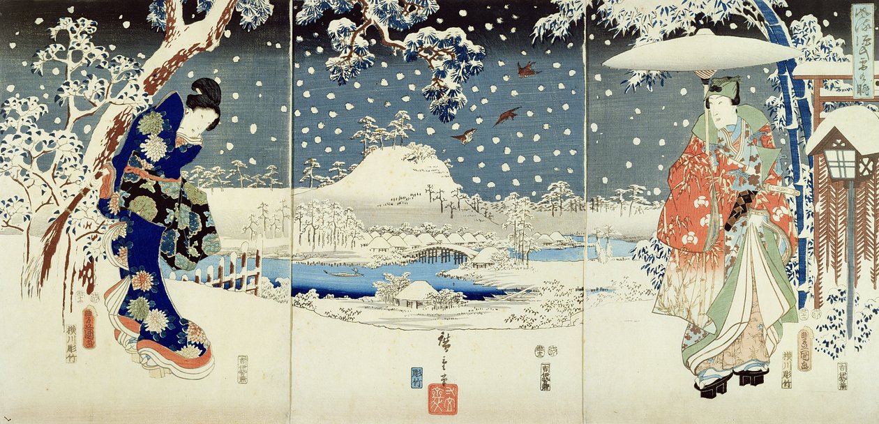 Snøscene i hagen til en Daimyo (triptyk) av Utagawa  Hiroshige and Kunisada