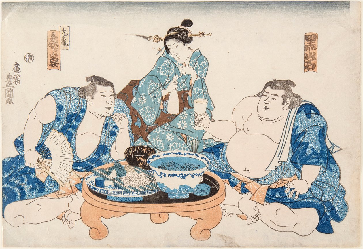 Sumobryterne Kuroiwa og Zogahana med en geisha. Trykk av Utagawa Kunisada (1786–1865) av Utagawa Kunisada