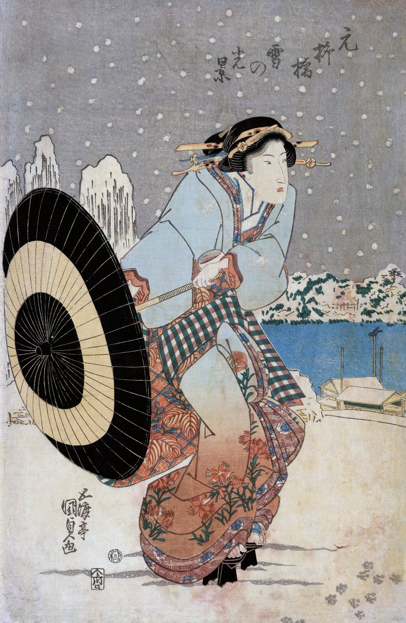 Nattsnøscene ved Motonoyanagi Bridge, ca. 1825 (treblokktrykk) av Utagawa Kunisada
