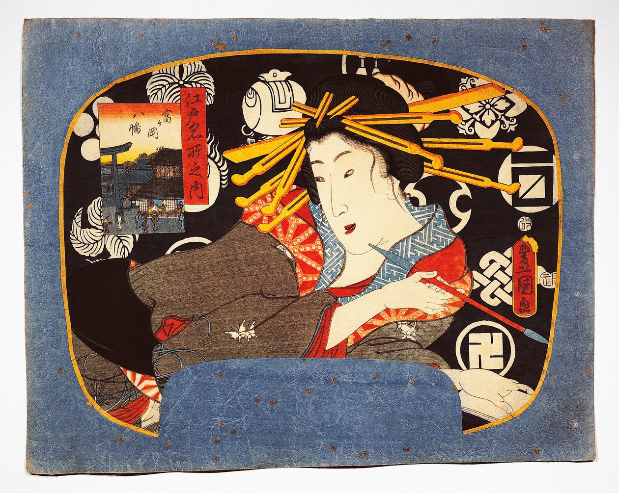 Courtesane med lang pipe, Hachiman-tempel i innfelt til venstre av Utagawa Kunisada