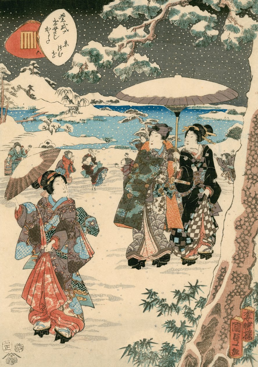 Figurer med parasoller i snø (En scene fra The Tale of Genji) (fargetresnitt på papir) av Utagawa (1786 1865) Kunisada
