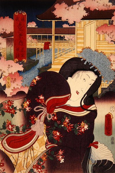 Hanano Enbansho Katsuragi Genji Mitate Hakkei no Uchi (Fower Bankue t, Eening g Bell: Katsuragi), ca. 1808-58 av Utagawa Kunisada