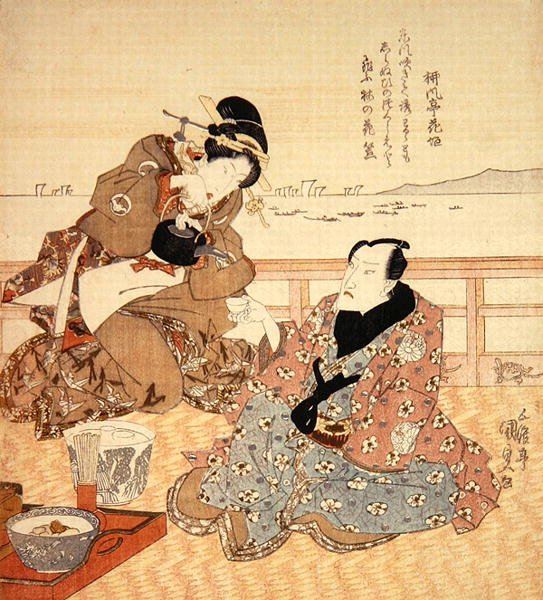 Onoe Kikugoro III tar te på Shinagawa, ca. 1825 (farget treblokktrykk) (se også 282741) av Utagawa Kunisada