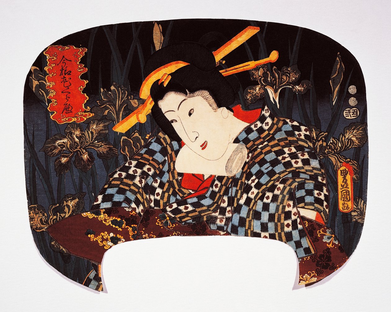 Portrett av kurtisane med iris i bakgrunnen av Utagawa Kunisada