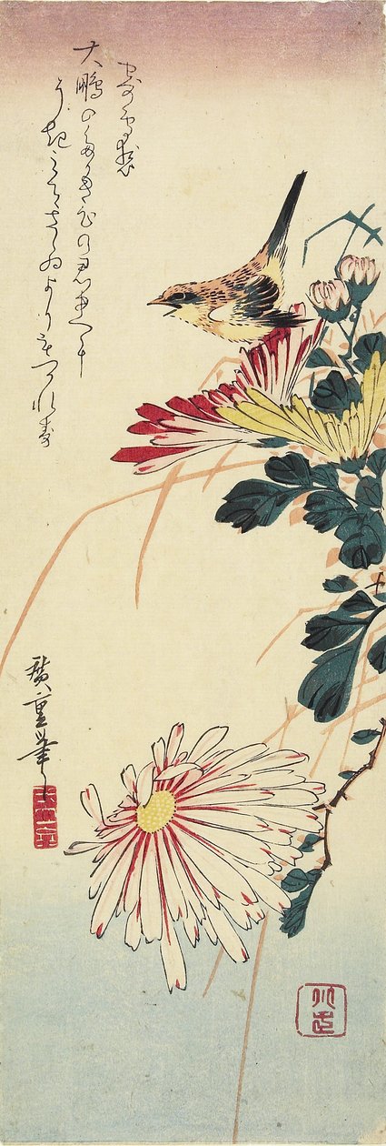 (Chrysanthemums and a Shrike), 1830-1858 av Utagawa Hiroshige