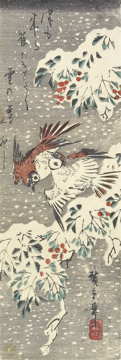 (Himmelsk bambus og spurver i snø), 1830-1858 av Utagawa Hiroshige
