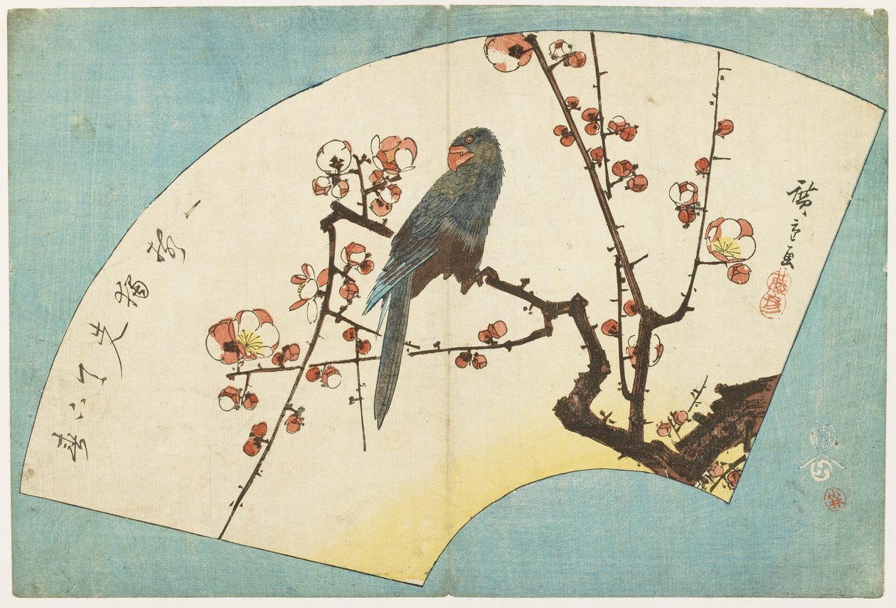 (Papegøye på en blomstrende plomme), midten av 1800-tallet av Utagawa Hiroshige