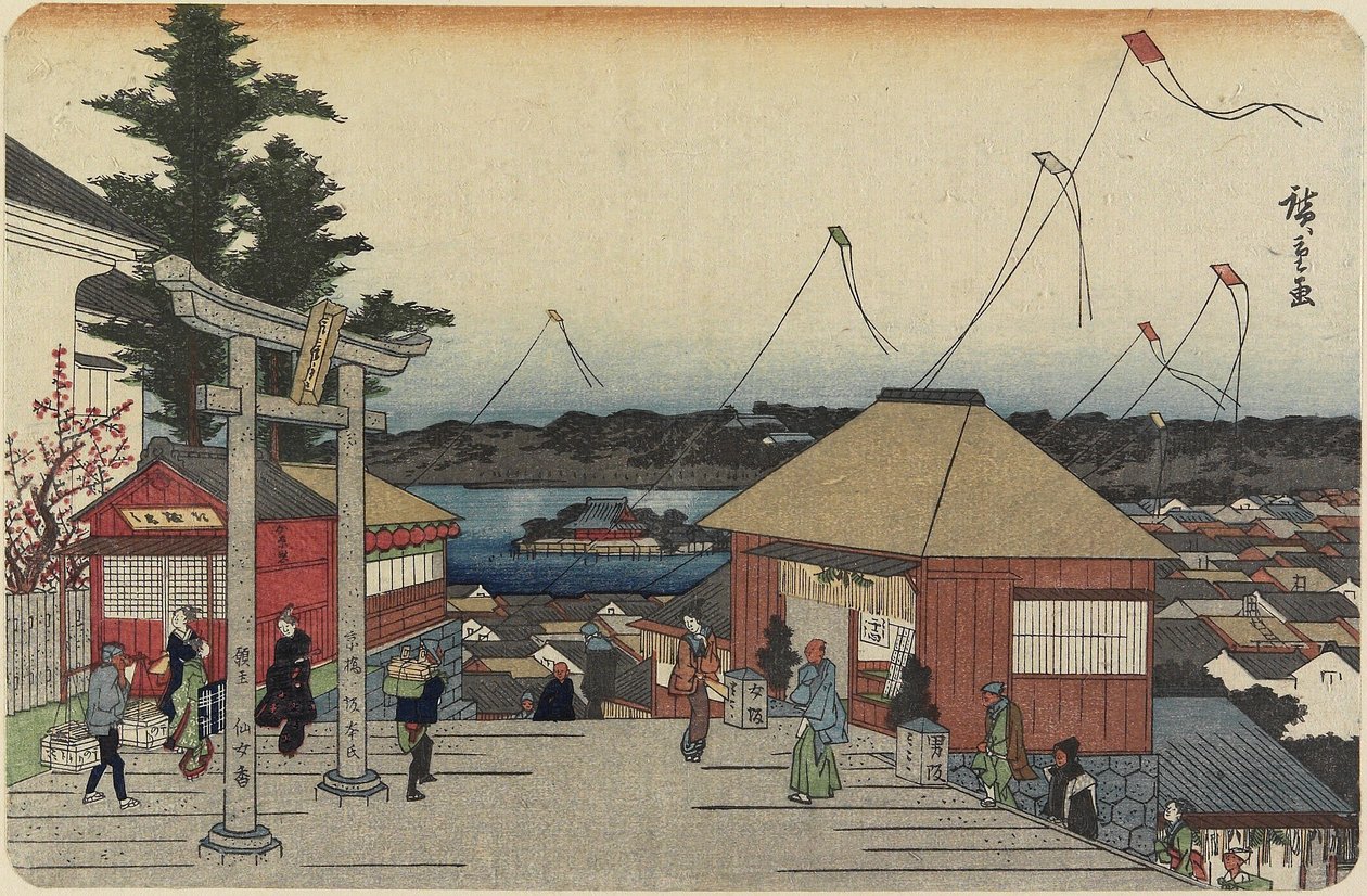 (Shinobazu-dammen sett fra Yushima-helligdommen) av Utagawa Hiroshige