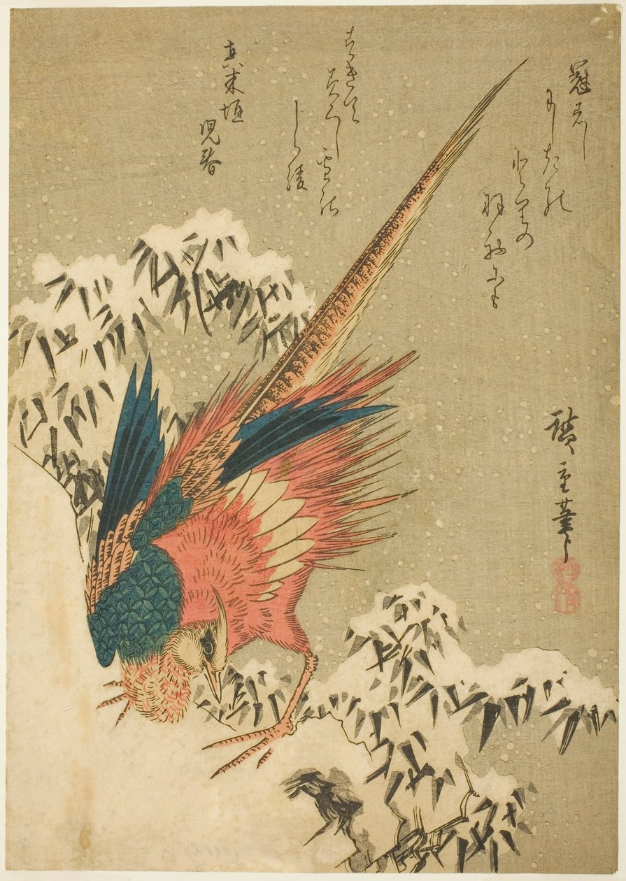 En gullfasan blant snødekt bambus på en bratt åsside av Utagawa Hiroshige
