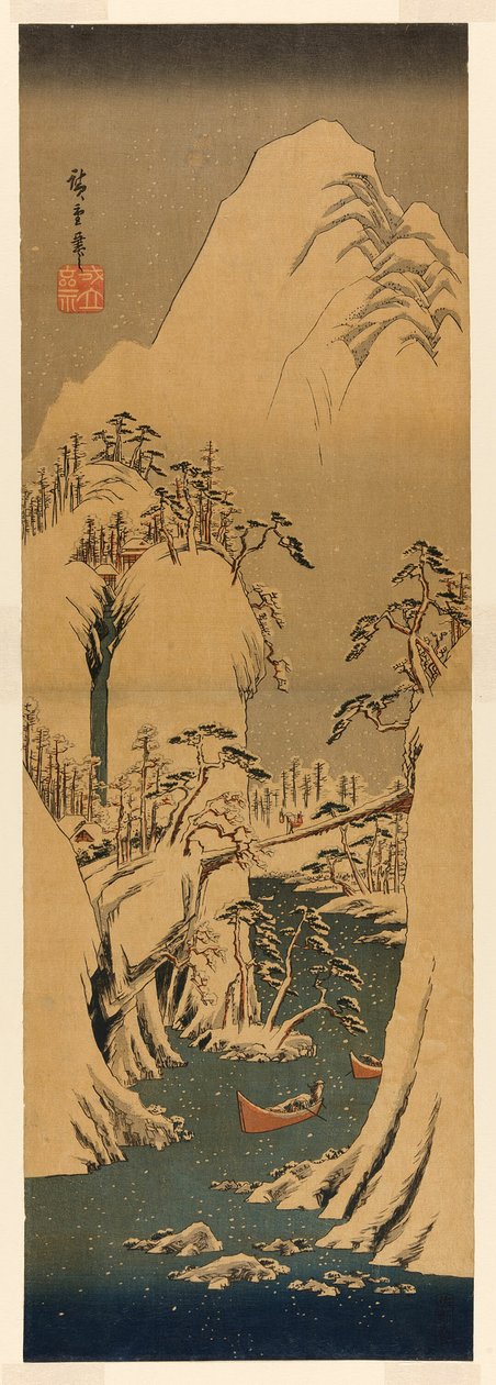 En snødekt kløft ved Fuji-elven av Utagawa Hiroshige