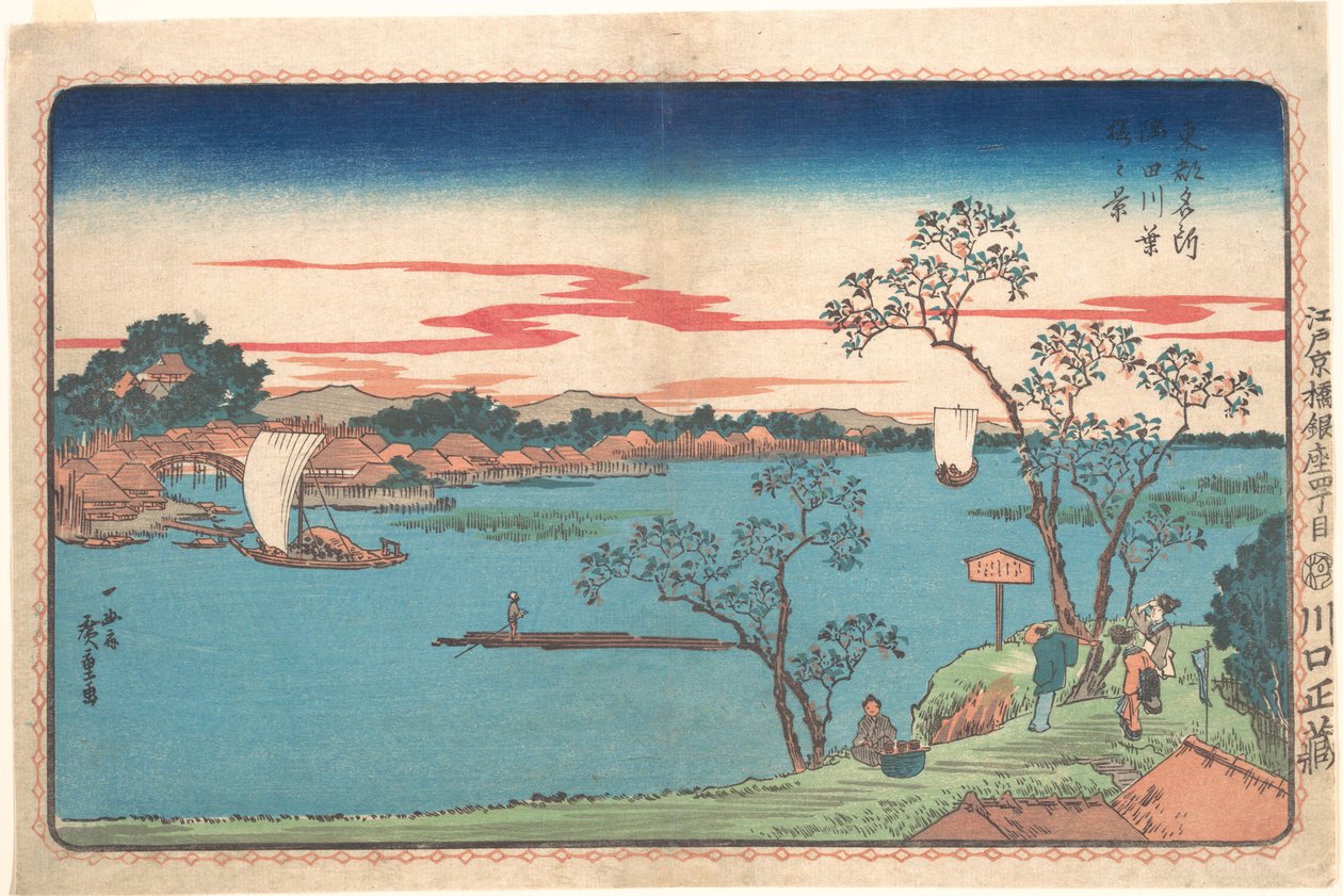 Utsikt over kirsebærtrær med løv langs Sumida-elven av Utagawa Hiroshige