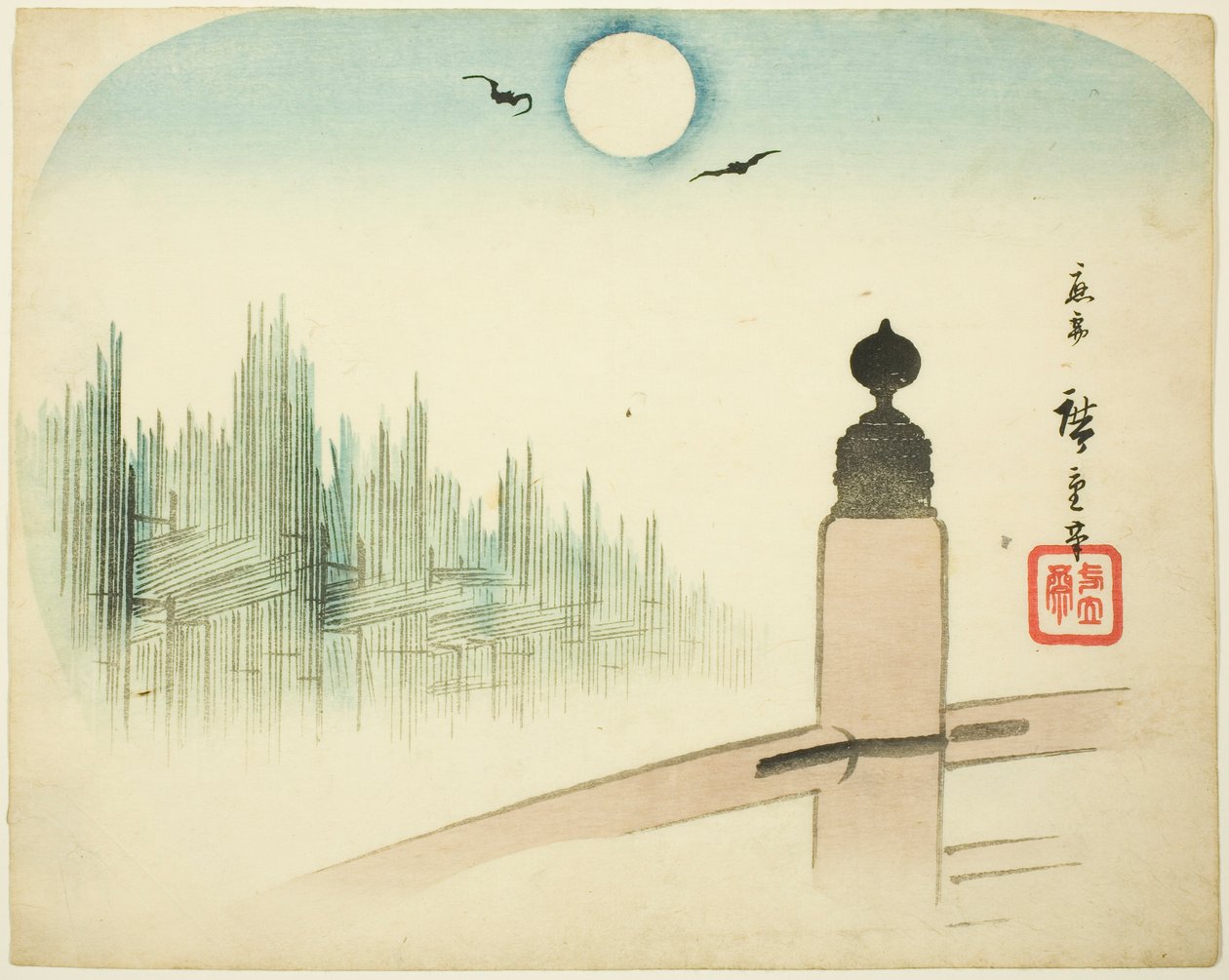 En utsikt over tømmergårder fra en bro av Utagawa Hiroshige