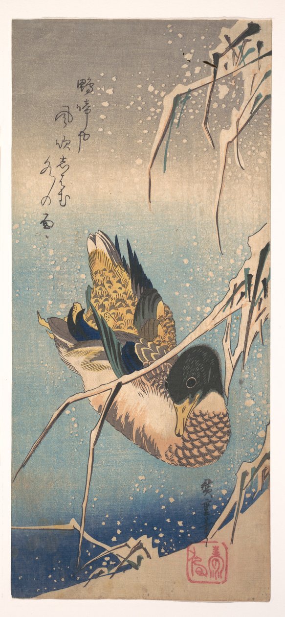 En villand nær en snødekt strand av Utagawa Hiroshige