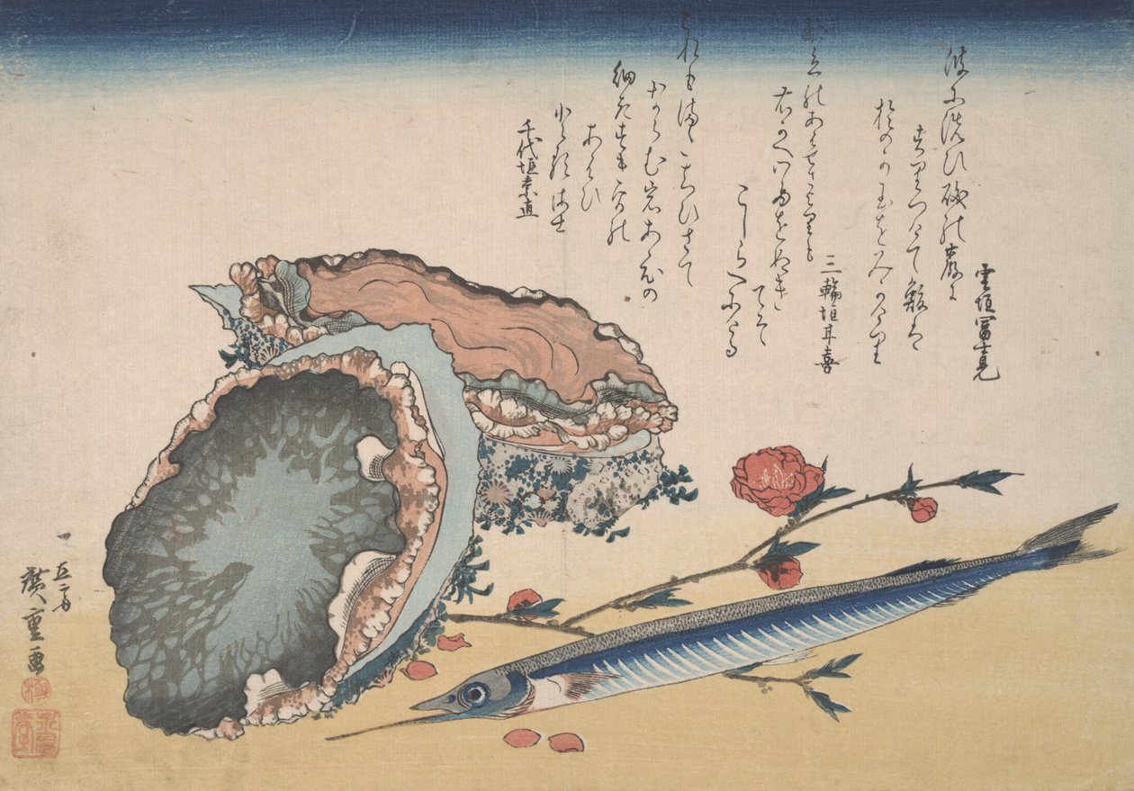 Abalone, halvnebb og ferskenblomster av Utagawa Hiroshige