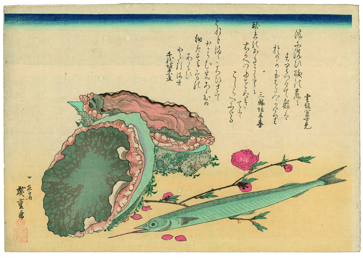 Abalone, halvnebbfisk og ferskenblomster av Utagawa Hiroshige