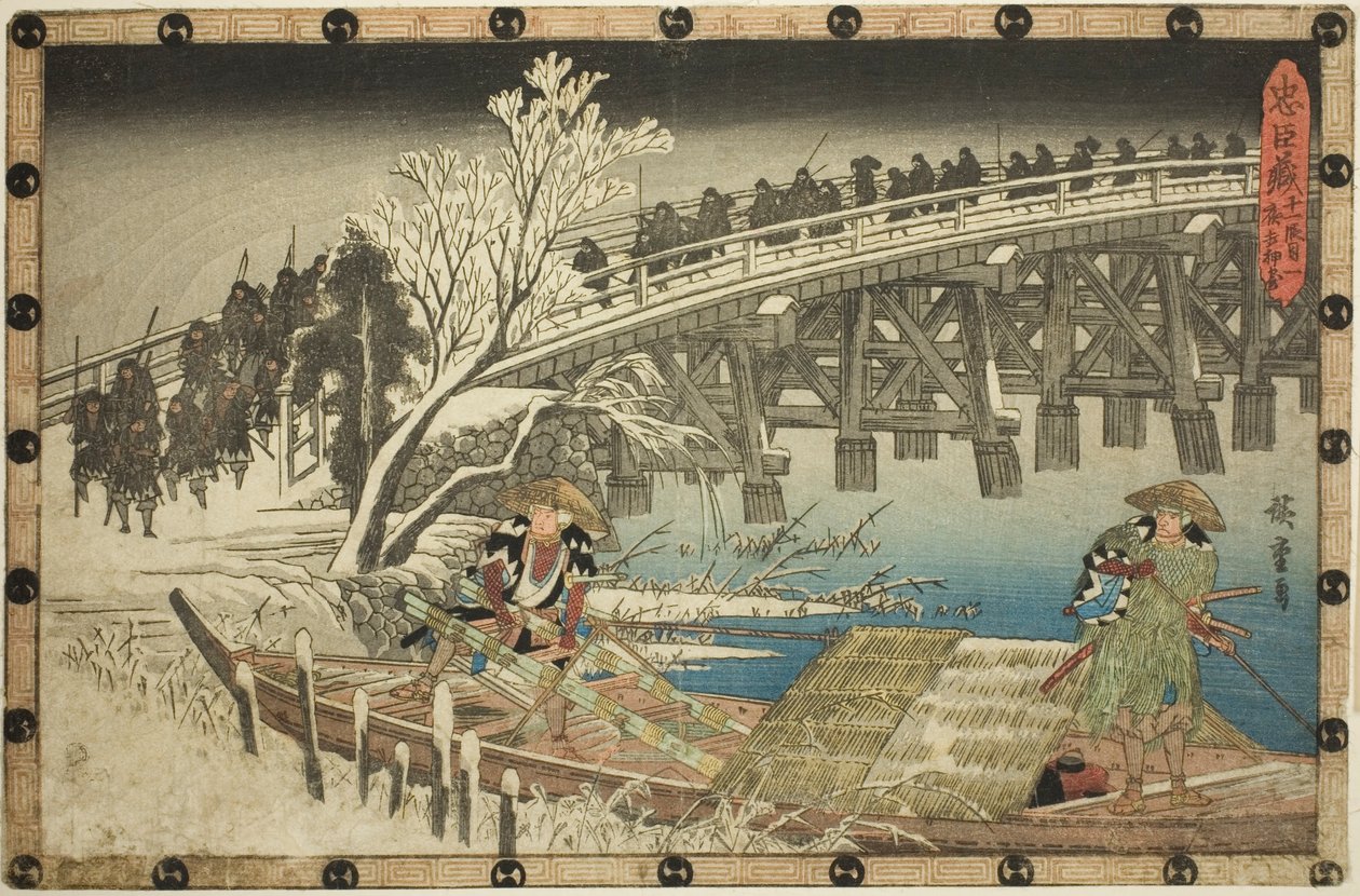 Act 11, Part 1: The Approach to the Night Attack (Juichidanme ichi, yochi oshiyose), fra serien "The Revenge of the Loyal Retainers (Chushingura)" av Utagawa Hiroshige