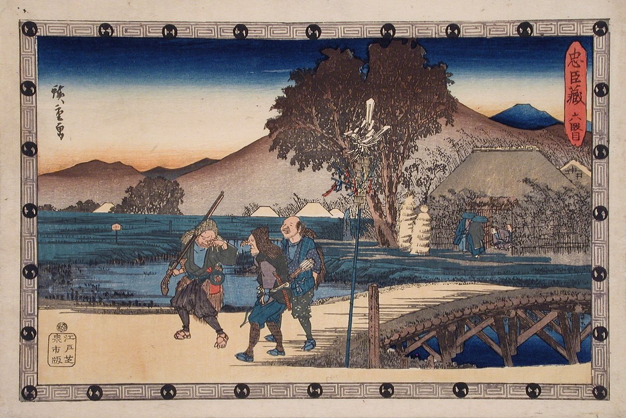 Akt VI: Jegere vender tilbake etter å ha brakt den myrdede Yoichibeis kropp til hytten hans av Utagawa Hiroshige