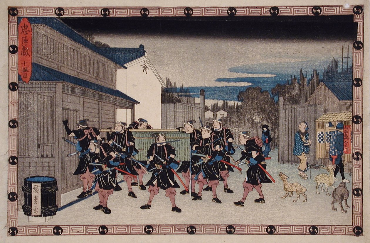 Akt X: Rōnin bærer en kurv som skjuler Yuranosuke, inn i Giheis hus av Utagawa Hiroshige