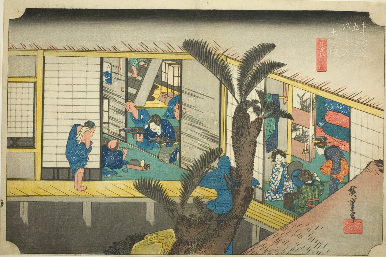 Akasaka: Waitresses at an Inn (Akasaka, ryosha shofu no zu), fra serien "Fifty-three Stations of the Tokaido (Tokaido gojusan tsugi no uchi)," også kjent som Hoeido Tokaido av Utagawa Hiroshige