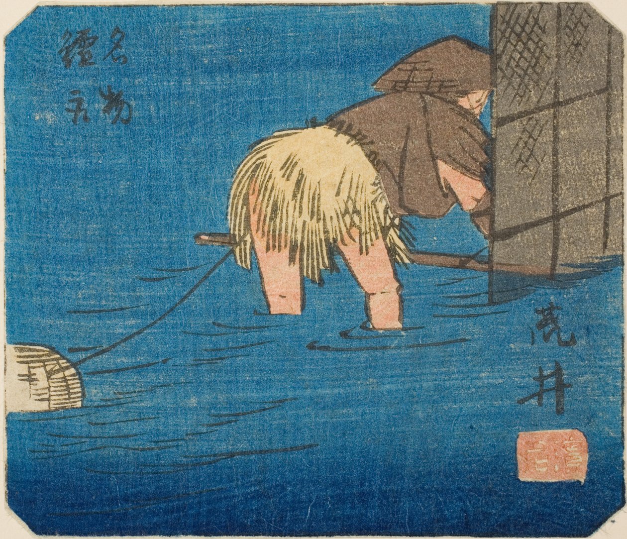 Arai, section of sheet no. 8 from the series "Cutouts of the Fifty-three Stations (Gojusan tsugi harimaze)"   1302288   no       norwegian Successfully Translated  Original: Lady with Outstretched Arm, and Two Gentlemen Translat: Lady with Outstretched Arm av Utagawa Hiroshige