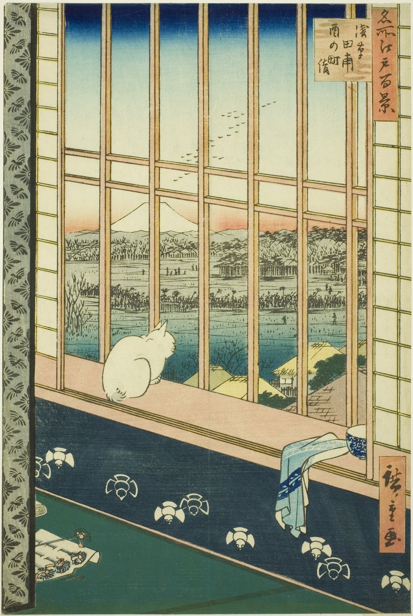 Asakusa lycee Fie lds plan d town feschival (Asakusa rice field catching town er også oppført), fra serien "Ridge d re d fa net view ws f Edo (berømt sted 100 views of Edo)" av Utagawa Hiroshige