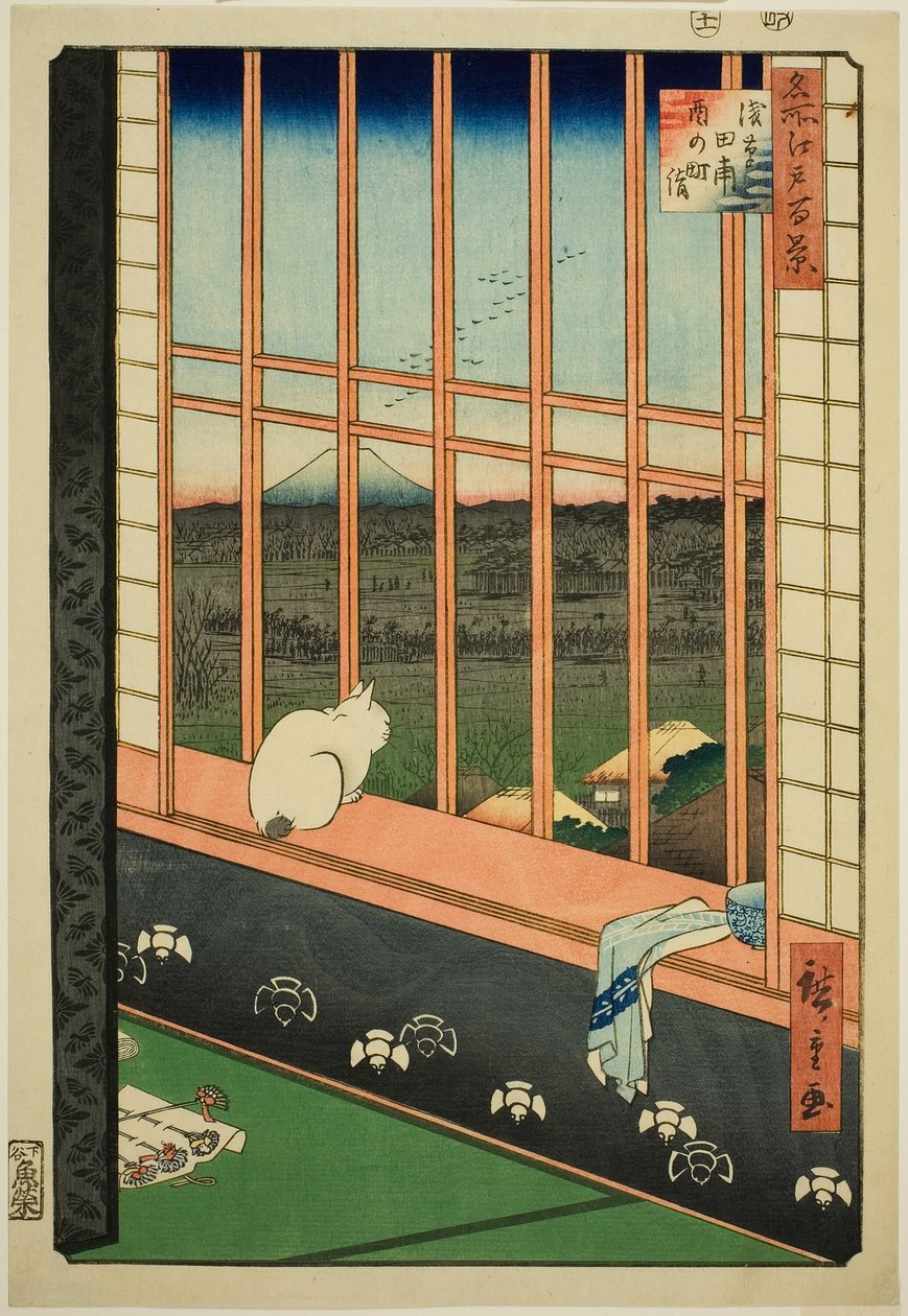 Asakusa lycee Fie lds plan d town feschival (Asakusa rice field catching town er også oppført), fra serien "Ridge d re d fa net view ws f Edo (berømt sted 100 views of Edo)" av Utagawa Hiroshige