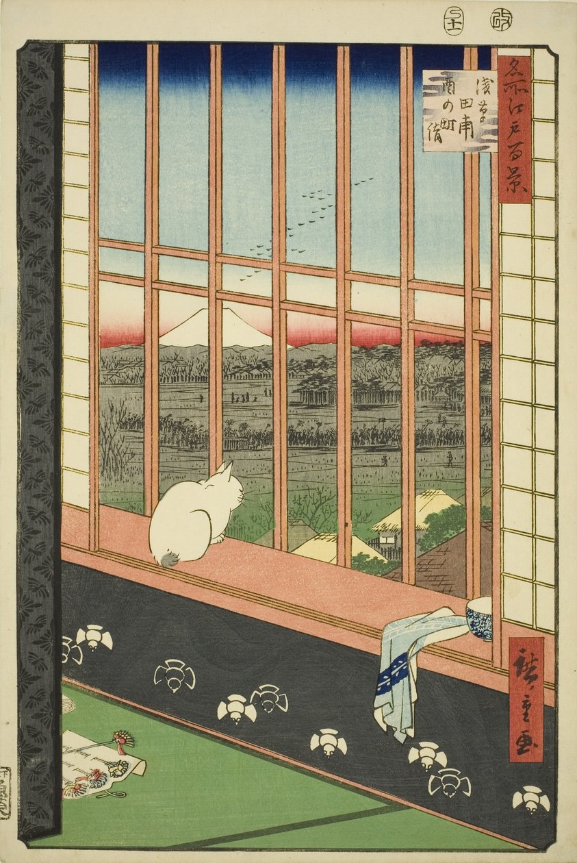 Asakusa lycee Fie lds plan d town feschival (Asakusa rice field catching town er også oppført), fra serien "Ridge d re d fa net view ws f Edo (berømt sted 100 views of Edo)" av Utagawa Hiroshige
