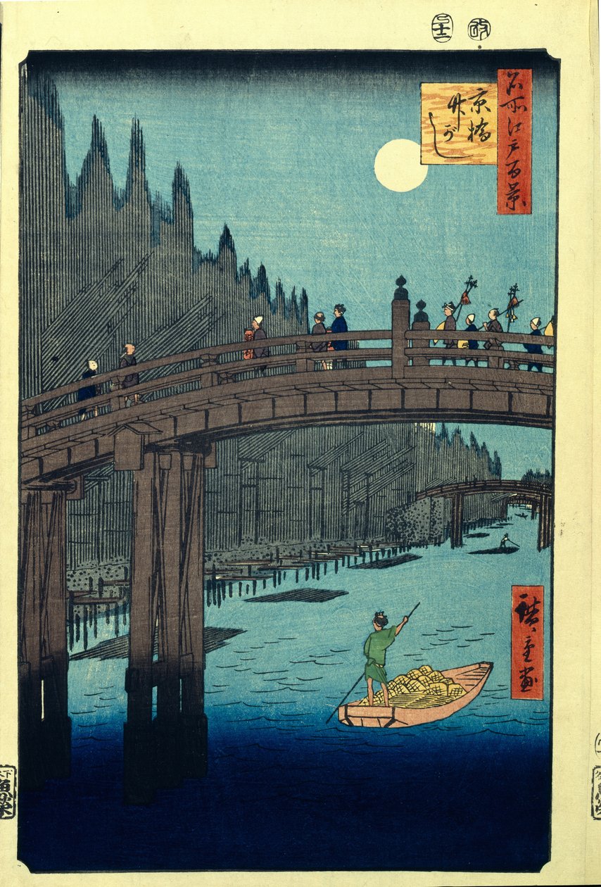 Bamboo Quay ved Kyobashi Bridge. Hundre kjente utsikter over Edo, ca. 1858 av Utagawa Hiroshige