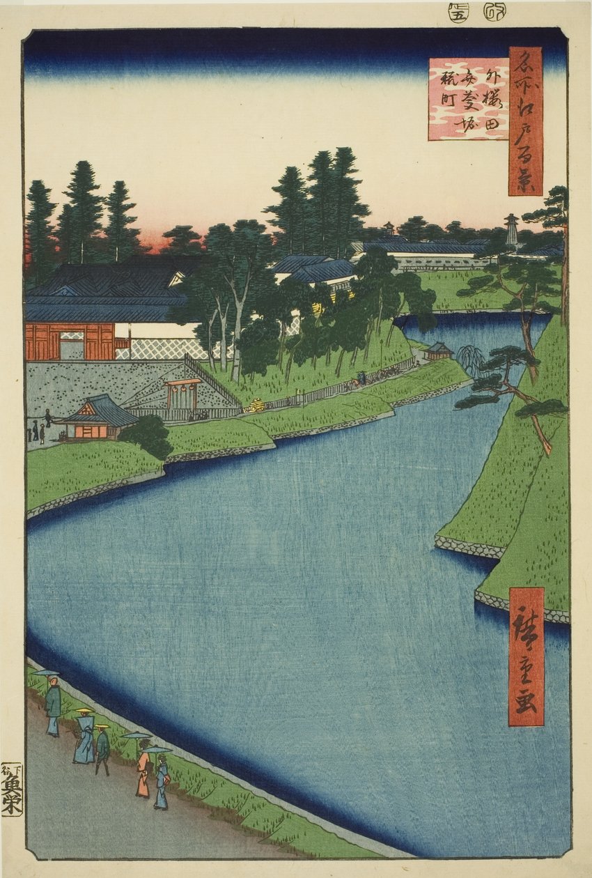Benkei More fra Soto-Sakurada og Koji-cho (utenfor Sakurada Benkei-bori Koji-cho), fra serien "Ridge dre d Fa net s Views of Edo (One Hundred Famous Views of Edo)" av Utagawa Hiroshige