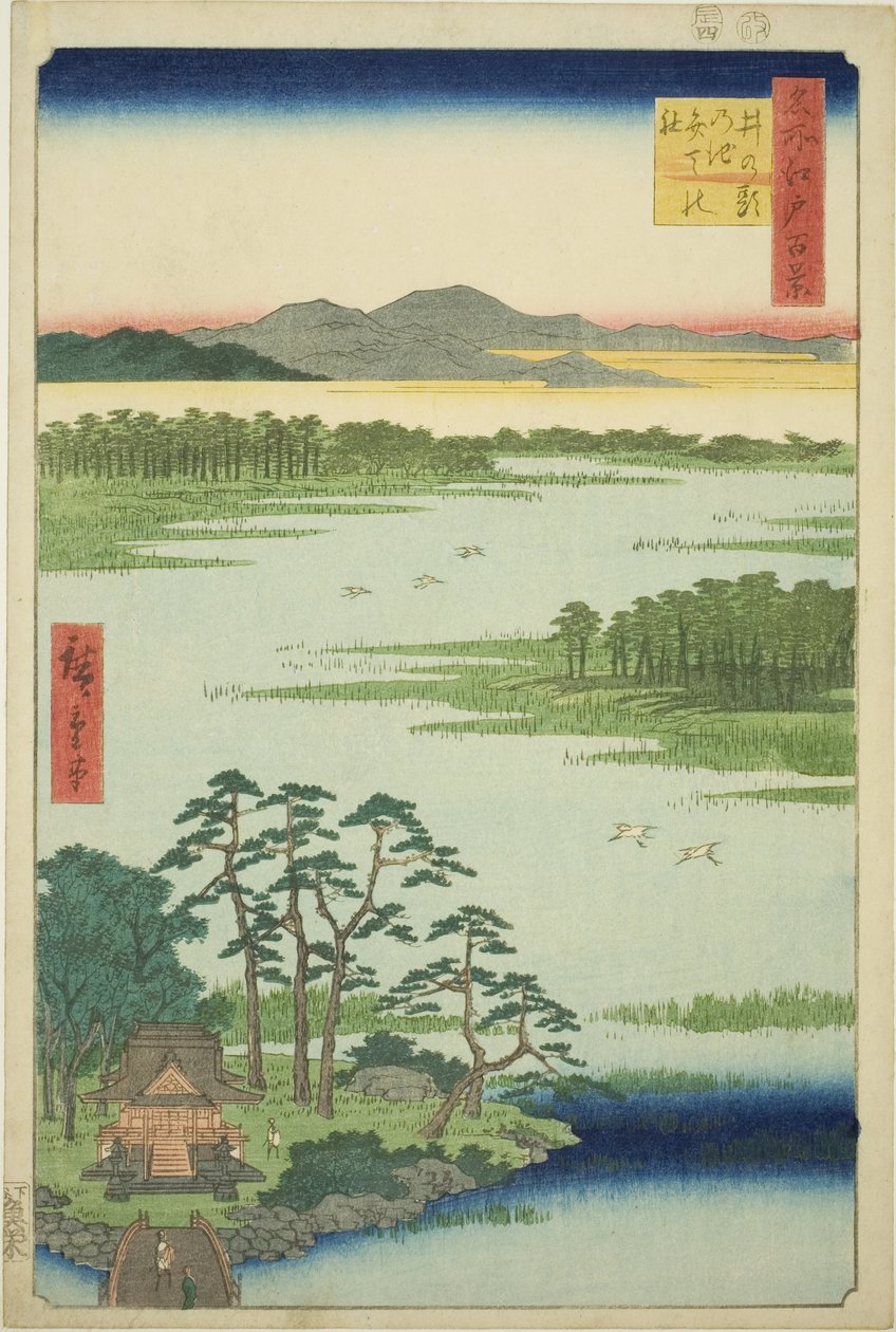 Propunerea Altarului Benten d Inokashira Pond (Inokashira Pond Benten no Yashiro), din seria „Ridge dre d fa net s views of Edo (One Hundred Famous Views of Edo)” r-way propunere av Utagawa Hiroshige