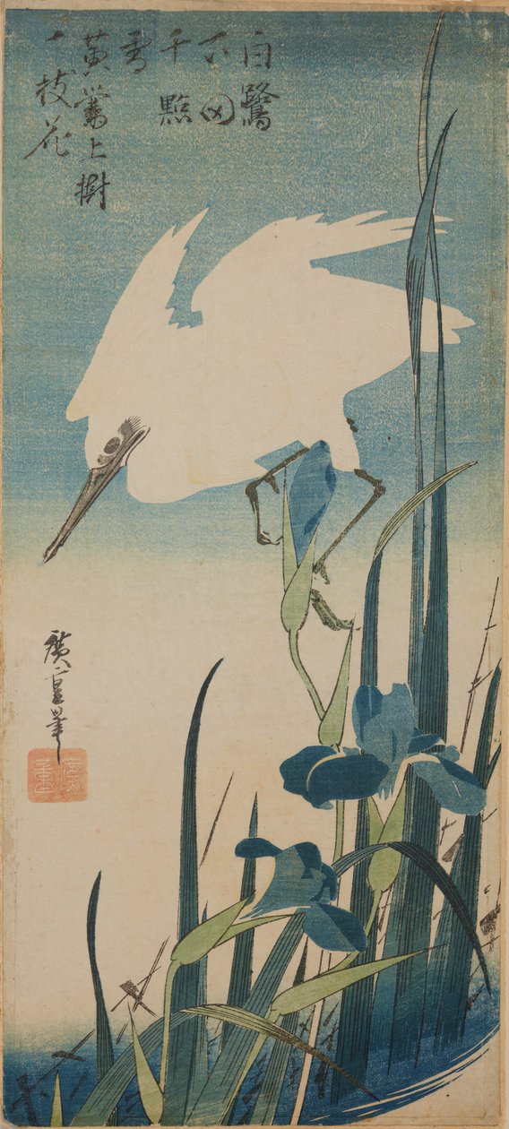 Hvit flygende hegre og blå iriser av Utagawa Hiroshige