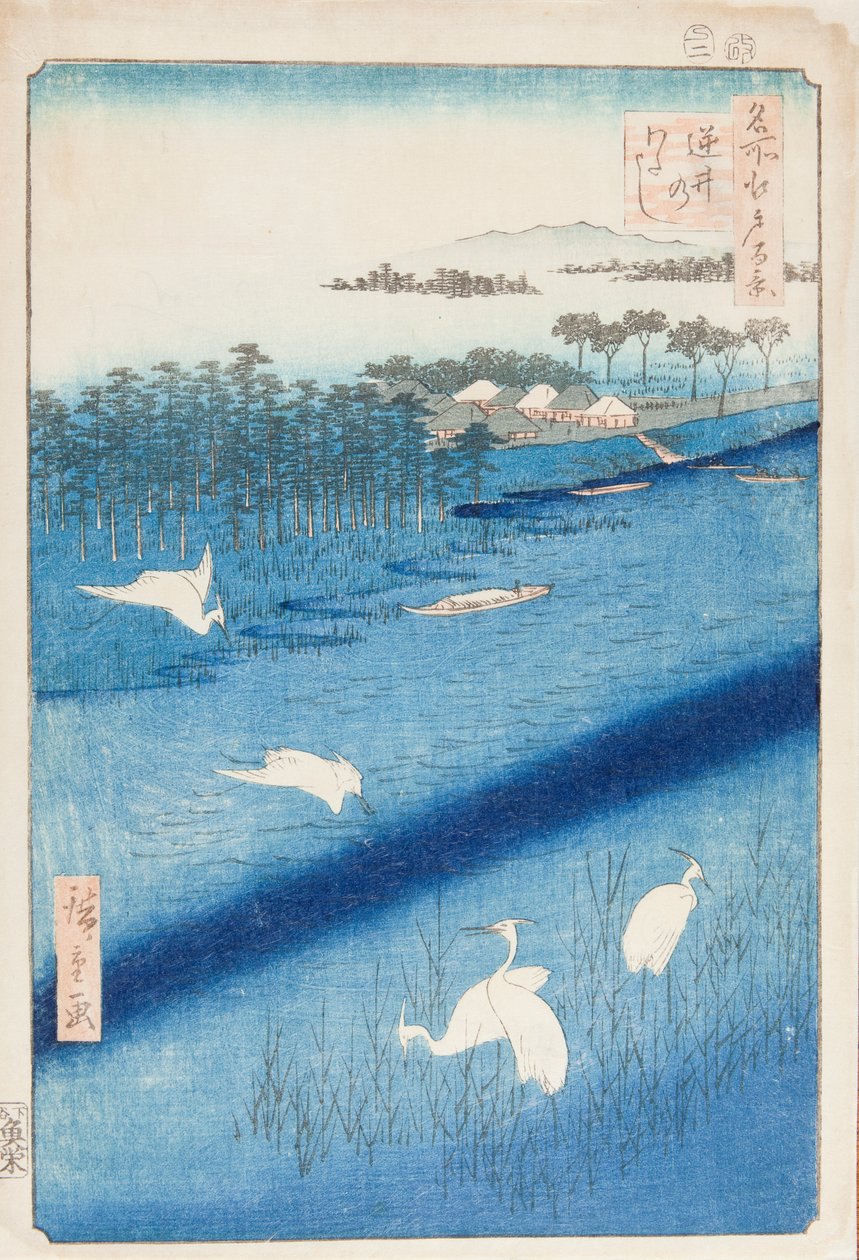 Hvite hegrer over Sakasai-elven, Sakasai no watashi, plansje 58 fra serien: Hundre berømte utsikter over Edo, Meisho Edo hyakkei av Utagawa Hiroshige