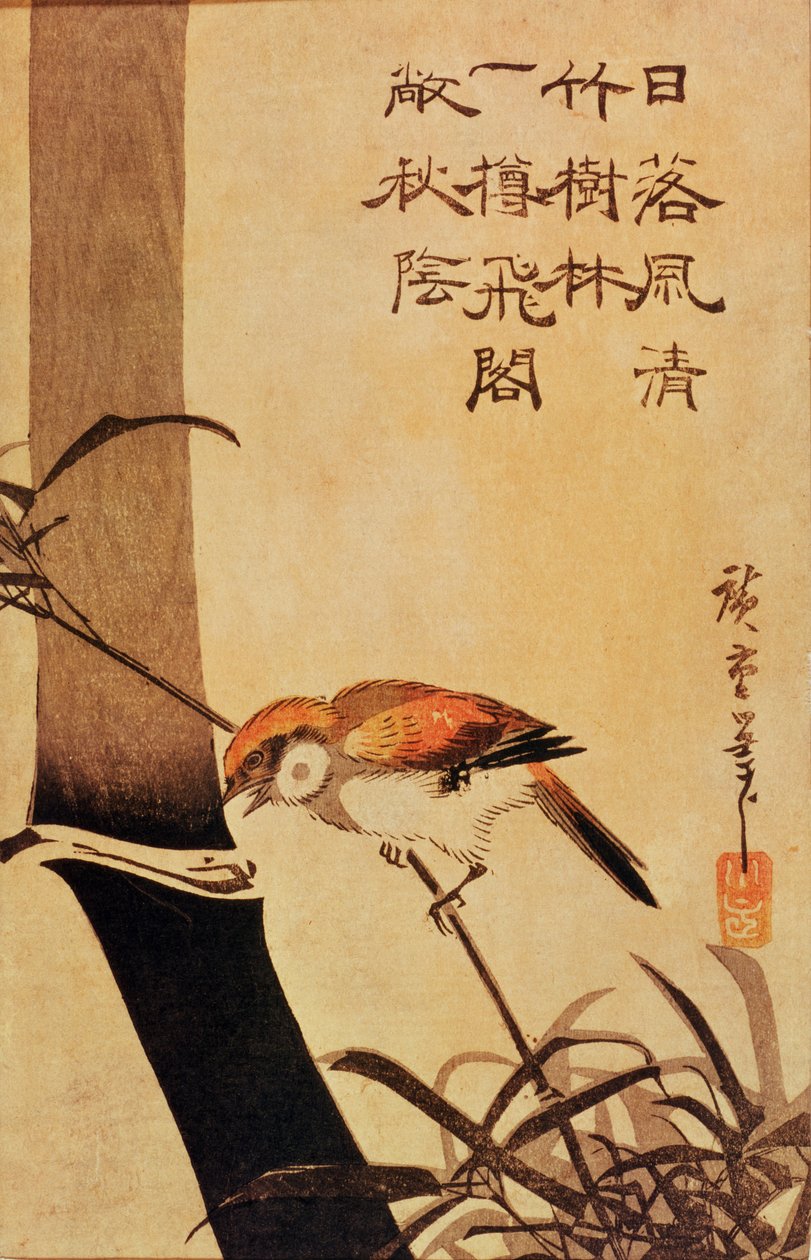 Fugl og bambus, ca. 1830, (farget treblokktrykk) av Utagawa Hiroshige
