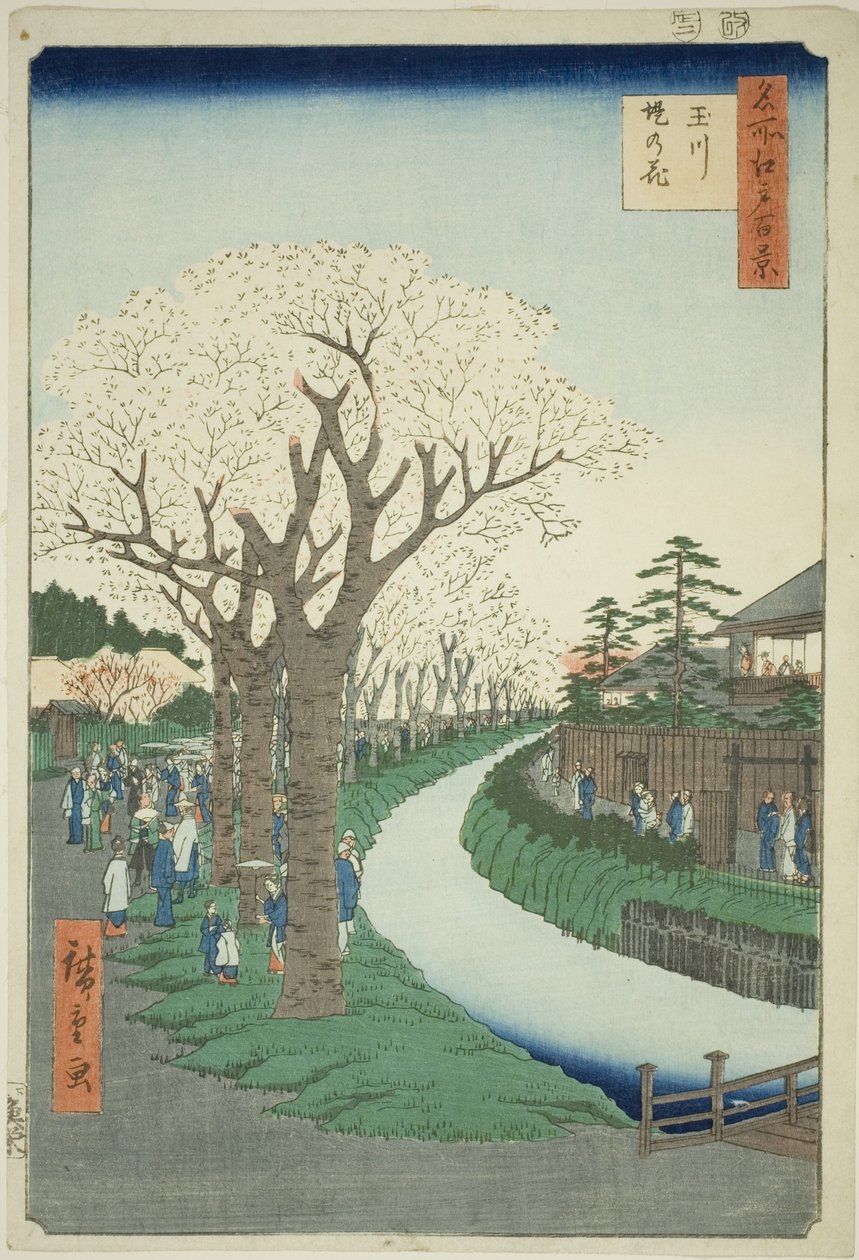 Bosso MS sound te tamari ver bildeversjon k overflate t (Tamagawa Tsutsumi no Hana), fra serien "Ridge d re d fa net view ws f Edo (One Hundred Famous Views of Edo) )" av Utagawa Hiroshige