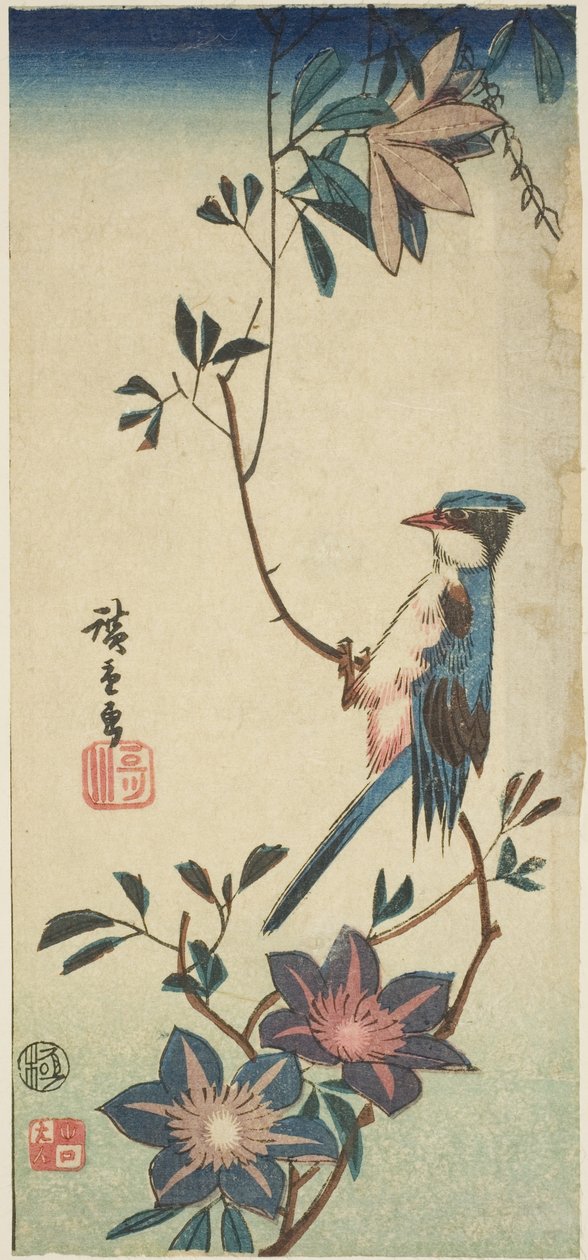 Blå fugl på klematis av Utagawa Hiroshige