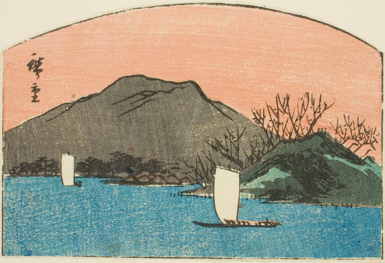 Båter på innsjø, del av et harimaze-trykk uten tittel av Utagawa Hiroshige