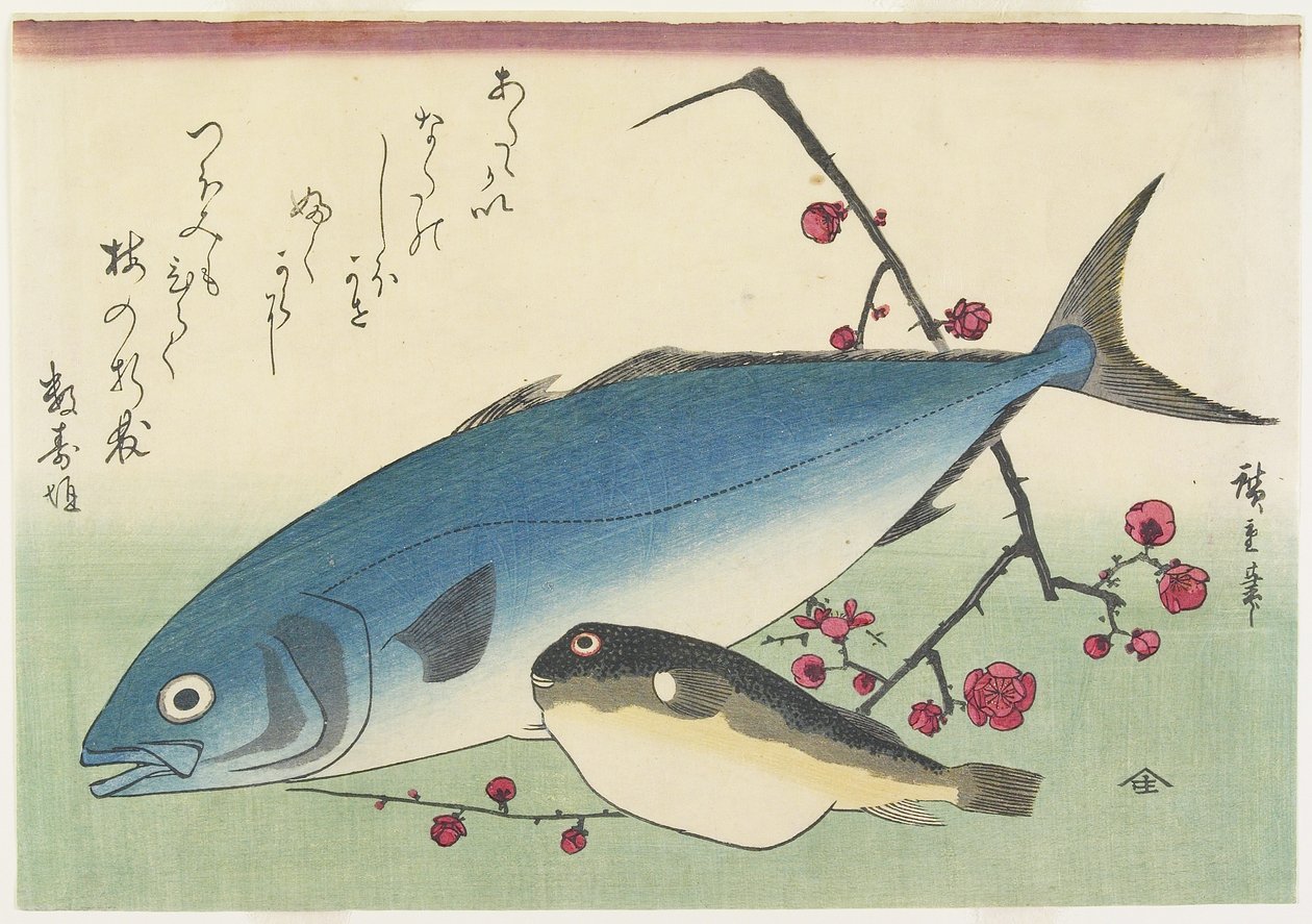 Bonito, Globefish og en spray av blomstrende plomme, ca. 1840 av Utagawa Hiroshige