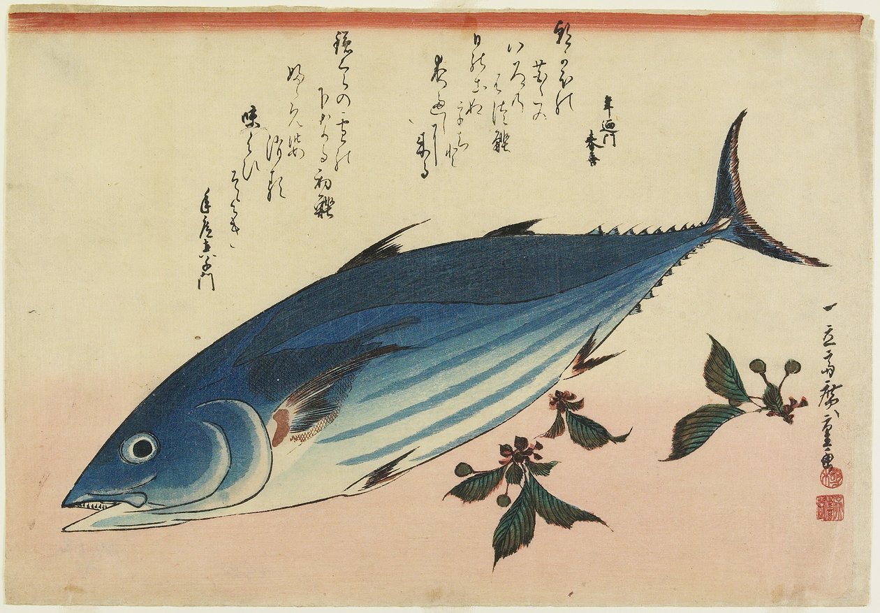 Bonito og kirsebærblader, 1832-1833 av Utagawa Hiroshige
