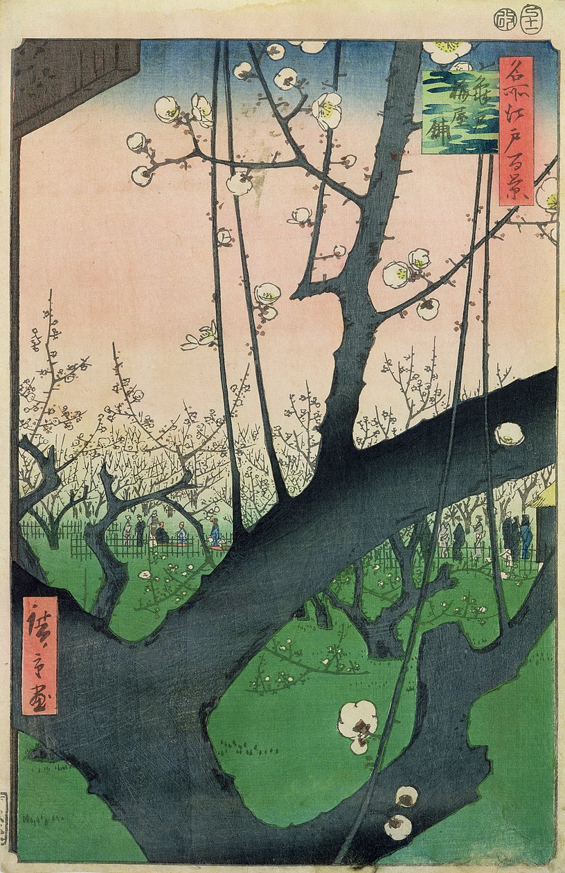 Gren av et blomstrende plommetre (farget treblokktrykk) av Utagawa Hiroshige