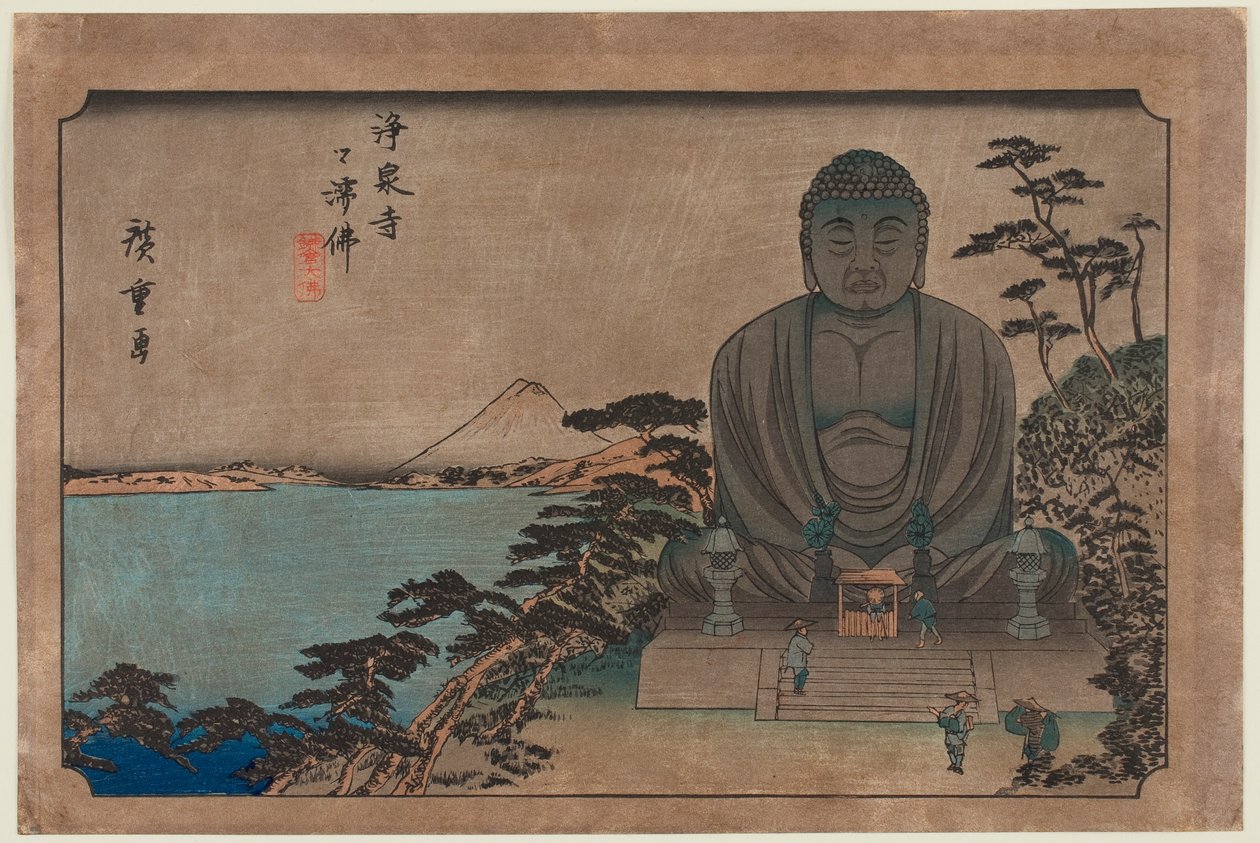 Buddhistisk bilde i friluft ved Jōsen-tempelet: Den store Buddha i Kamakura av Utagawa Hiroshige